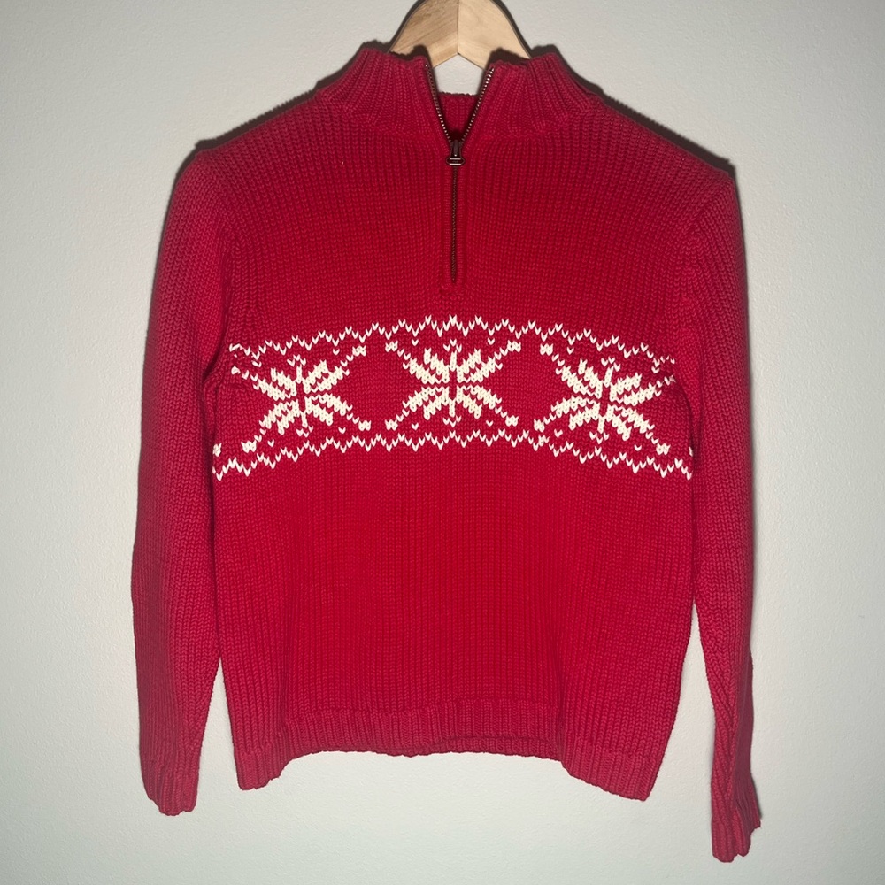 Lands End Sweater Red 1/4 Zip Mock Neck 100% Cotton Youth Large (14-16) Vintage